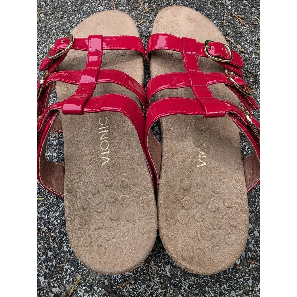 Vionic Misa (Sz 9) Sandals Women's Slides Red Patent Adjustable Straps Buckles